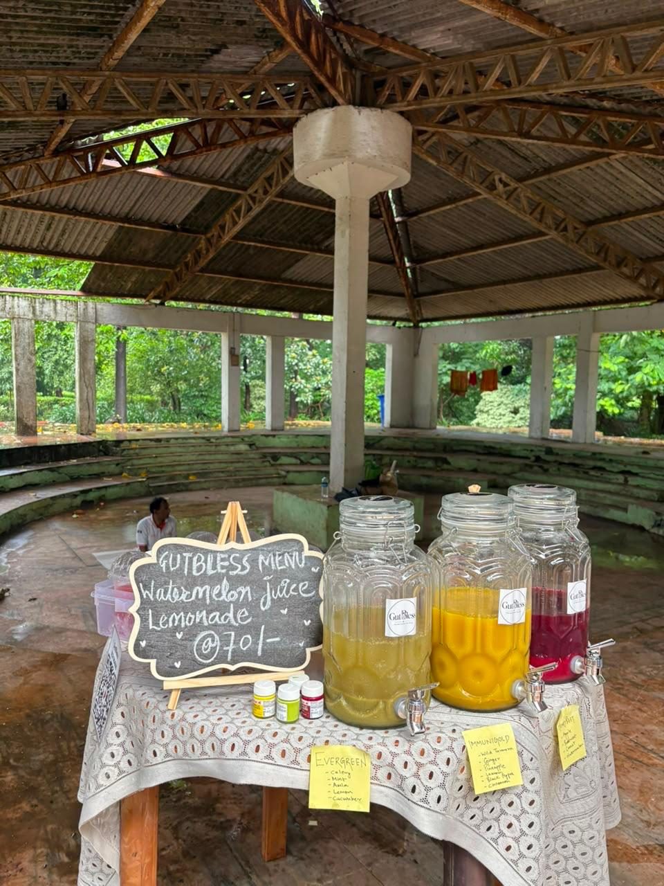 GutBless event menu with watermelon juice and lemonade served from glass dispensers