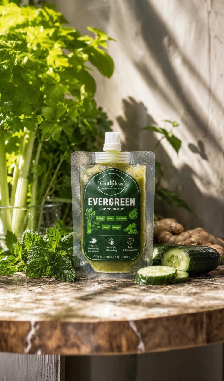 EverGreen cold-pressed juice pouch with celery, mint, cucumber, amla and ginger
