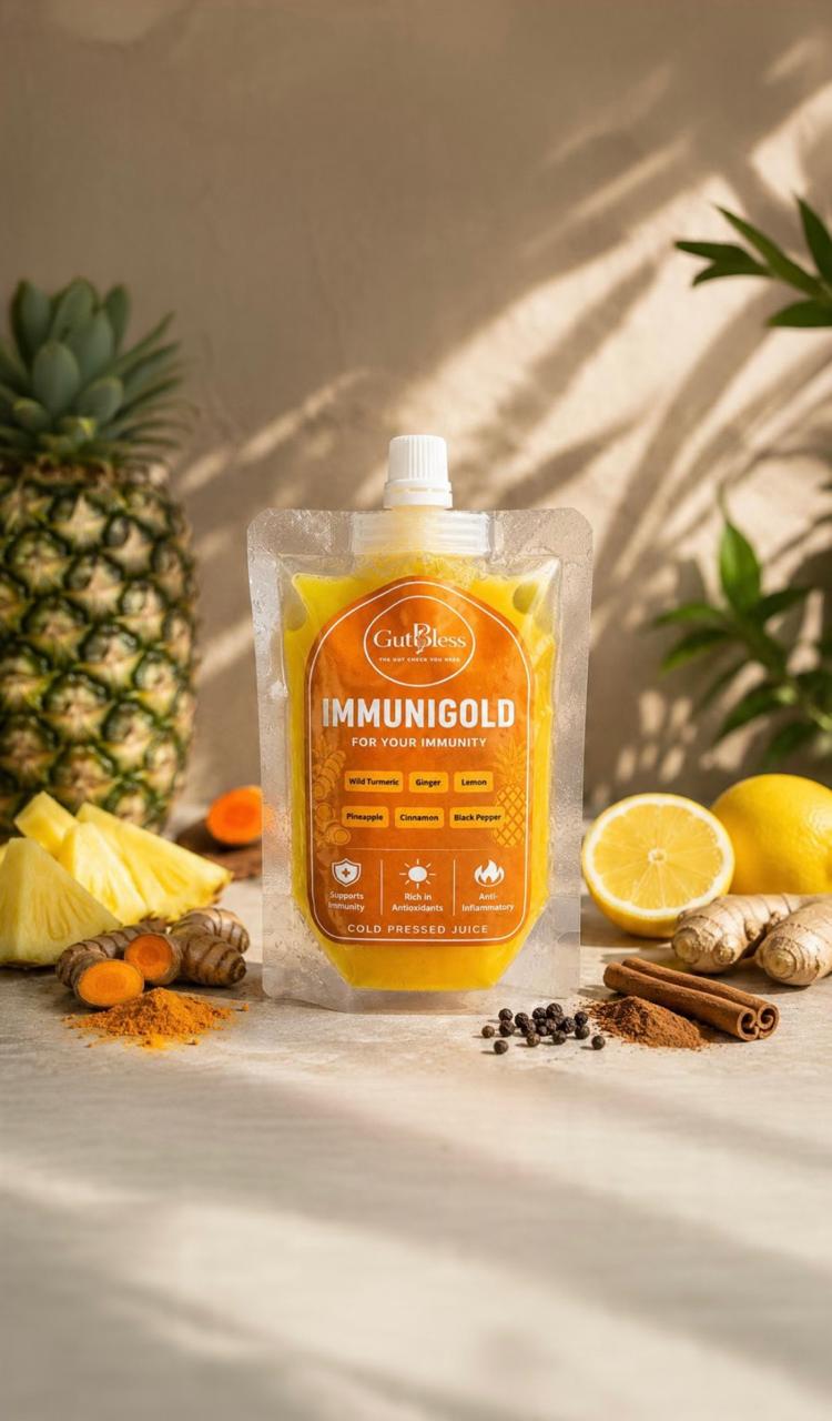 ImmuniGold cold-pressed juice pouch with wild turmeric, ginger, lemon and pineapple