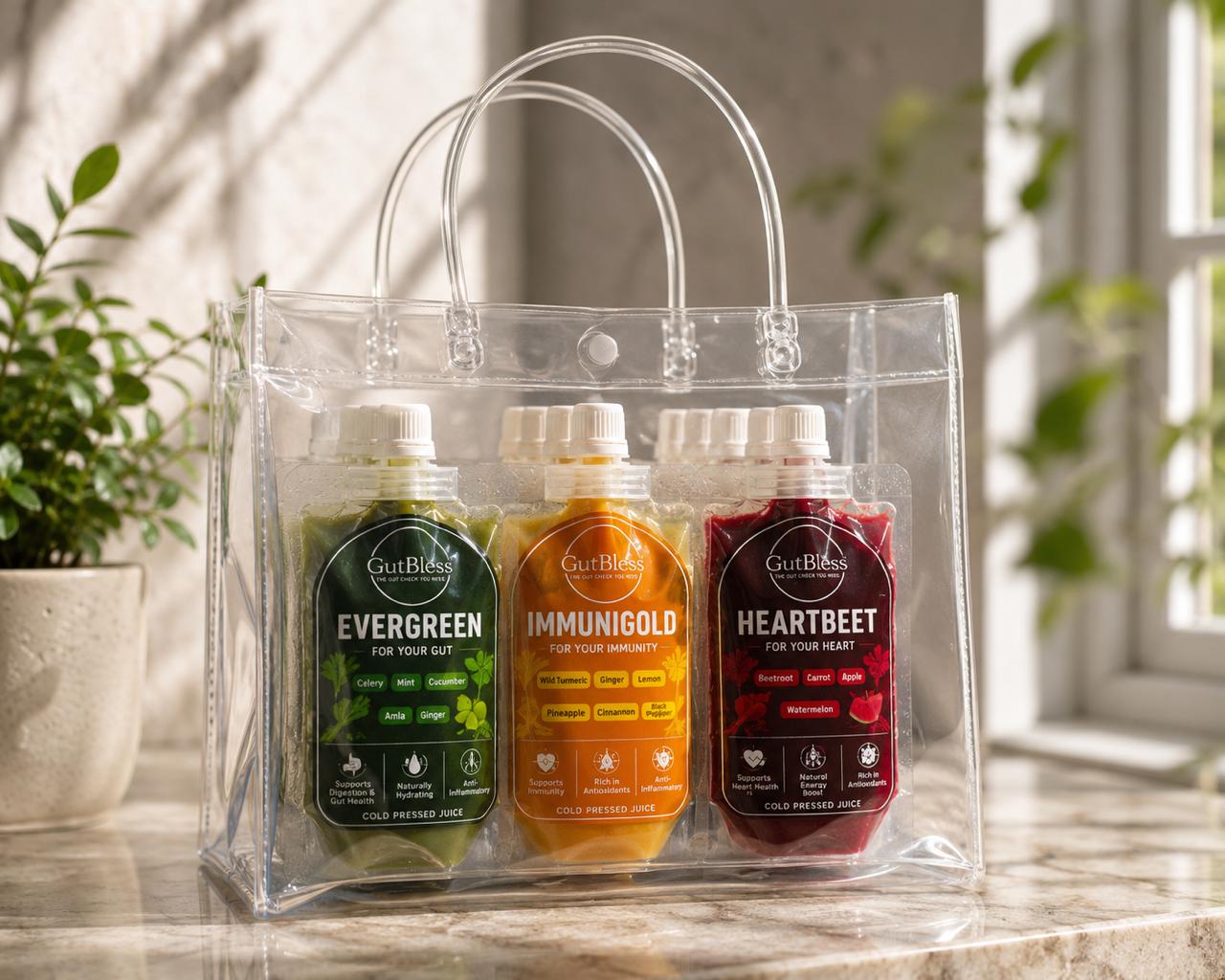 Mixed trio of GutBless juices in a clear carry bag