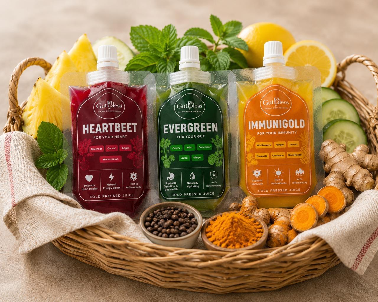 GutBless trio — HeartBeet, EverGreen and ImmuniGold pouches in a basket of fresh produce