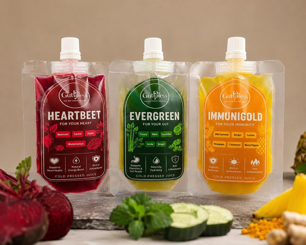 HeartBeet, EverGreen and ImmuniGold pouches side by side